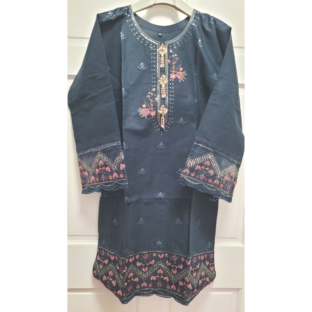 3pc Formal Cotton Linen Salwar Kameez w/ Dupatta - Navy Blue - Medium